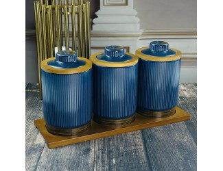 Набор из 3 банок для сыпучих продуктов 900 мл на подставке Lenardi Wood синие 133-394