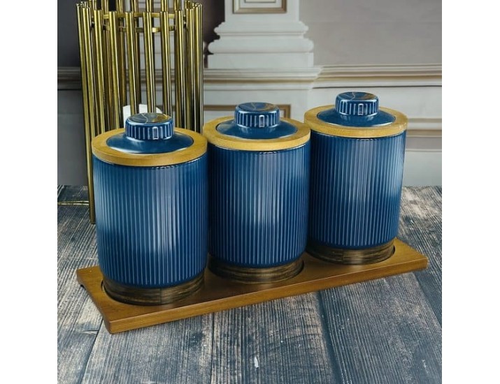 Набор из 3 банок для сыпучих продуктов 900 мл на подставке Lenardi Wood синие 133-394