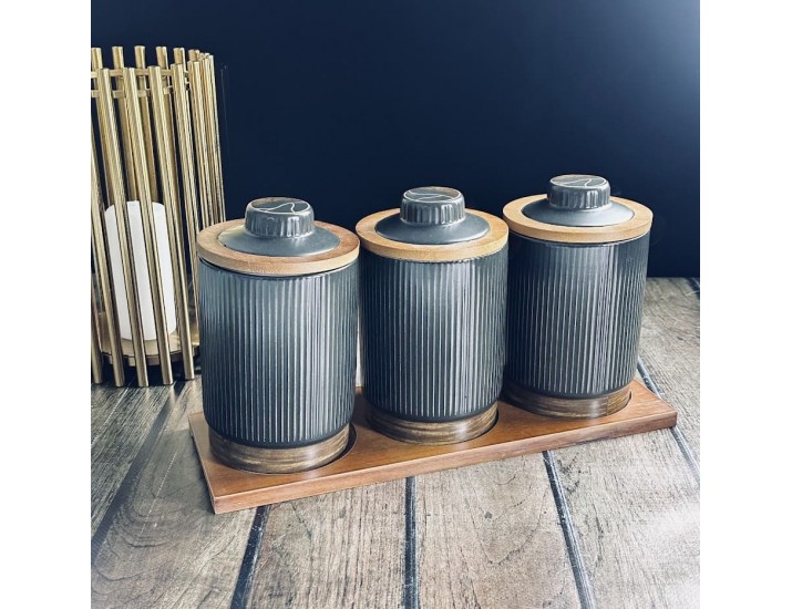 Набор из 3 банок для сыпучих продуктов 900 мл на подставке Lenardi Wood чёрные 133-395