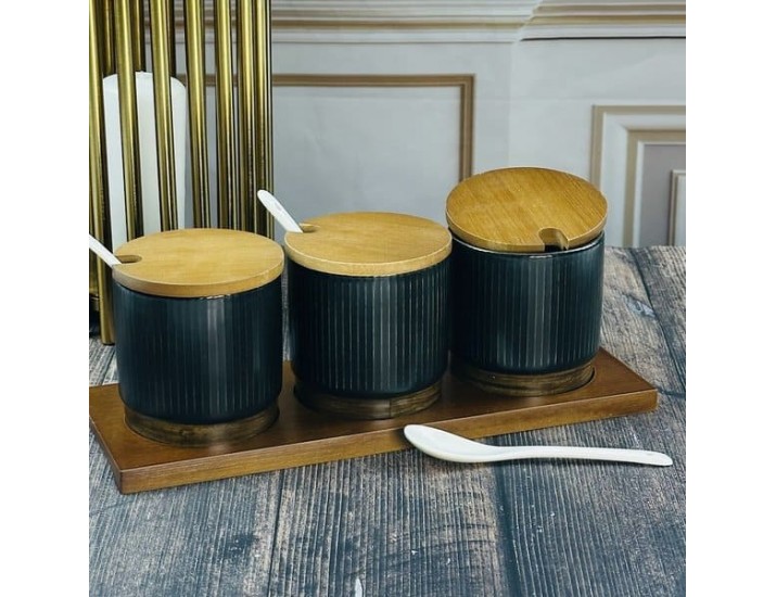 Набор из 3 банок для специй 300 мл с ложками на подставке Lenardi Wood чёрные 133-397