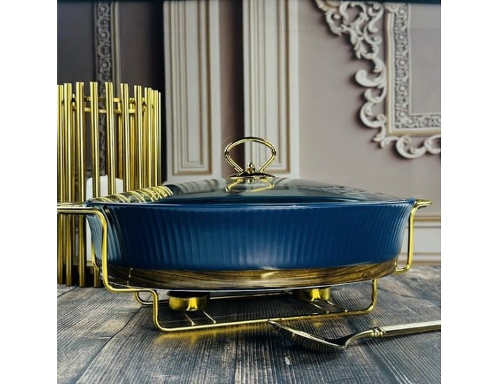 Овальный сервировочный мармит 38см(2,6л) с крышкой на подставке Lenardi Wood синий 133-398