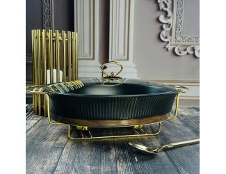 Овальный сервировочный мармит 38см(2,6л) с крышкой на подставке Lenardi Wood чёрный133-399