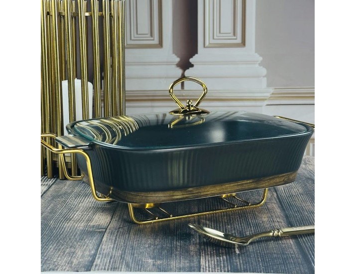 Прямоугольный сервировочный мармит 38см(2,7л) с крышкой на подставке Lenardi Wood чёрный 133-401