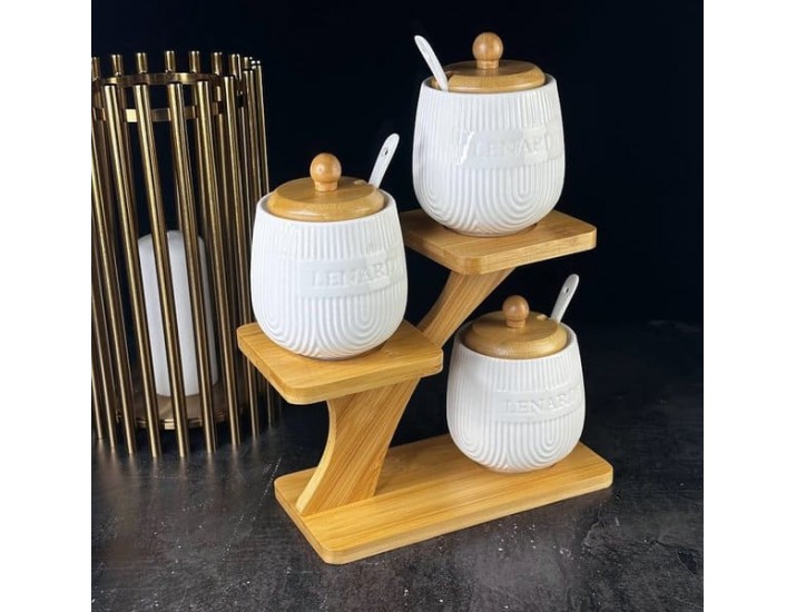 Набор из 3 банок 350 мл с ложками на подставке Lenardi Bamboo 140-060