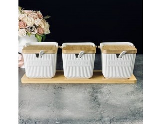 Набор из 3 банок 350 мл с ложками на подставке Lenardi Bamboo 140-084