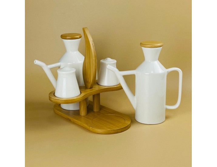 Набор солонок и бутылки для масла/уксуса 4предмета на подставке Lenardi Bamboo 140-101