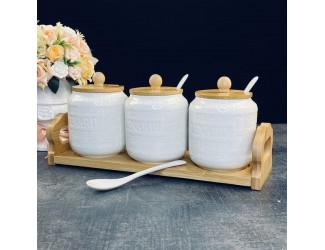 Набор из 3 банок 350мл для специй с ложками на подставке Lenardi Bamboo 140-119