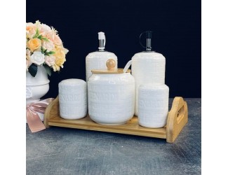 Набор для специй сахарница и бутылки для масла/уксуса 5предметов на подставке Lenardi Bamboo 140-123