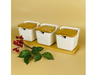 Набор из 3 банок 350мл для специй с ложками на подставке Lenardi Bamboo 140-147