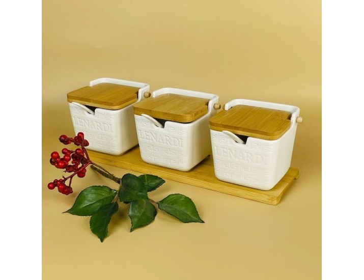 Набор из 3 банок 350мл для специй с ложками на подставке Lenardi Bamboo 140-147