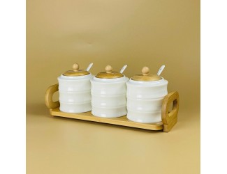 Набор из 3 банок 320мл для специй с ложками на подставке Lenardi Bamboo 140-155