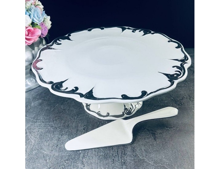 Тортовница 31см на ножке с лопаткой Lenardi ARGENTO 666-398