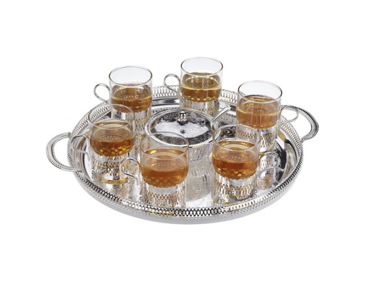 Набор для чая Queen Anne (поднос,сахарница,ложка, 6 стаканов с подстаканниками),сталь,посеребрение