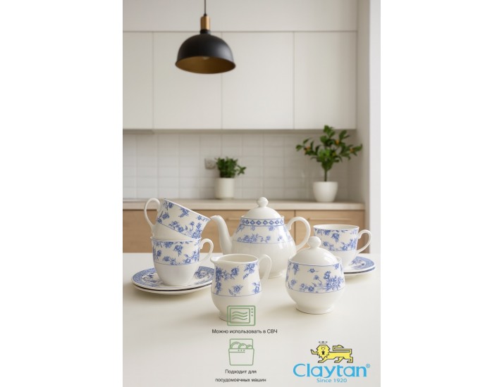 Чайный набор на 4 персоны 11 предметов Rose cluster blue Claytan 1809