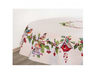 Скатерть круглая Mix&Match Home Зимний пир Скворечники 165см бежевый