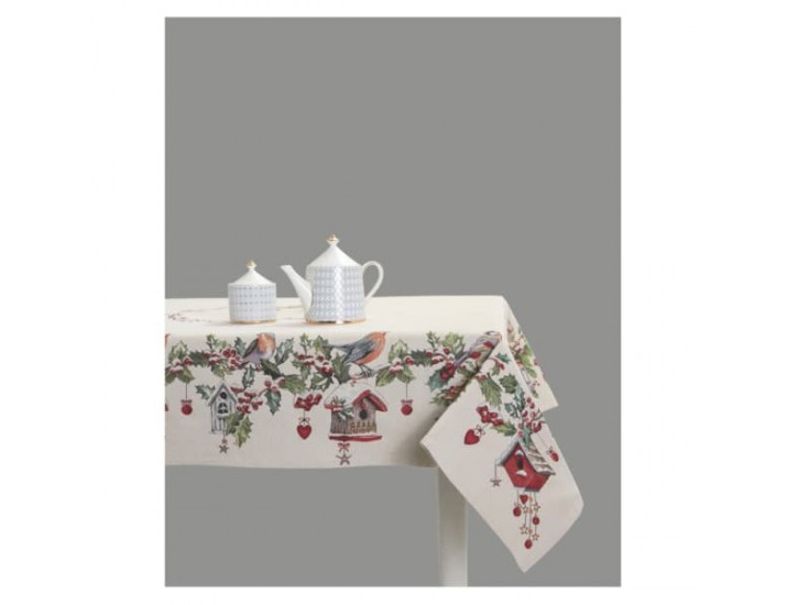 Скатерть прямоугольная Mix&Match Home Зимний пир Скворечники 140х240см бежевый