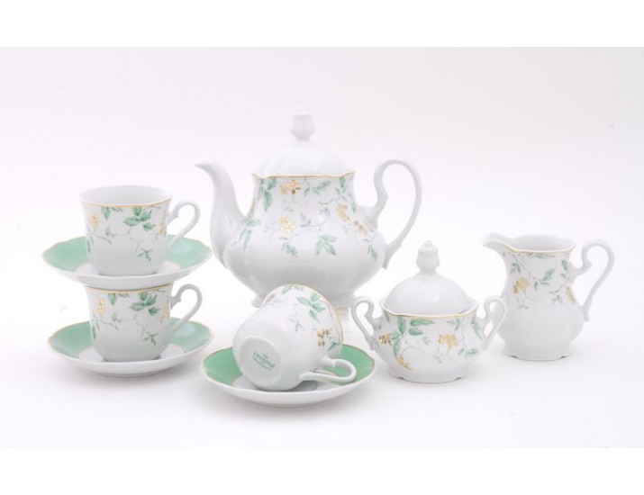 Сервиз чайный 15 предметов 6 персон Leander Мэри-Энн Зелёные листья декор 1381 03160725-1381