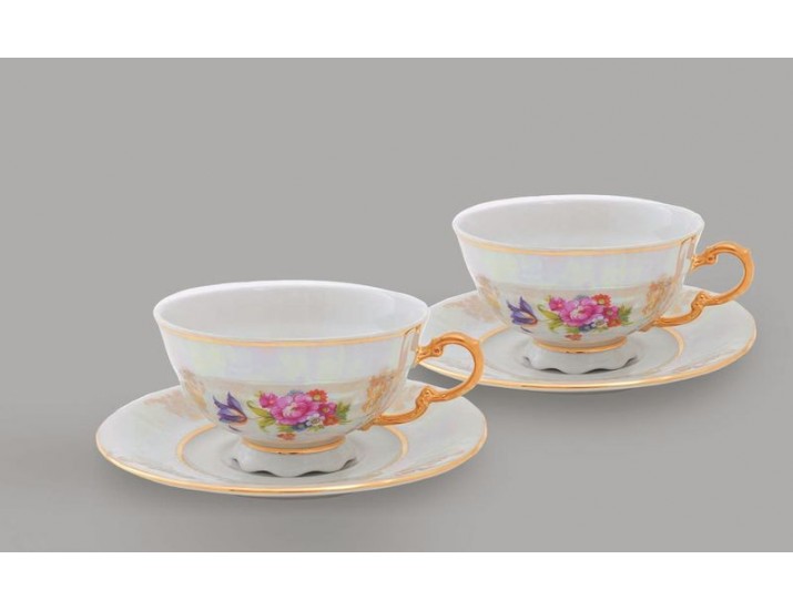Набор чайных пар на 2 персоны 4 предмета 0,20л Leander Цветы перламутр декор 0656