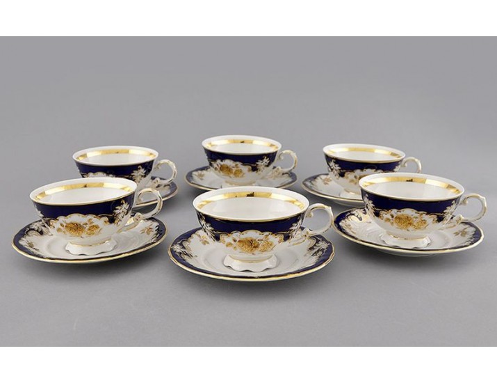 Набор чайных пар на 6персон 12 предметов 0,20л Leander Соната Золотая роза кобальт декор 1457