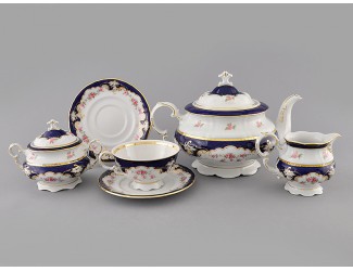 Сервиз чайный 15 предметов 6 персон Leander Соната Бледные цветы, кобальт декор 1257 07160725-1257