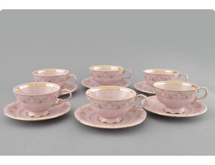 Набор чайных пар на 6 персон 12 предметов 200мл Leander Соната розовый фарфор Мелкие цветы декор 0158