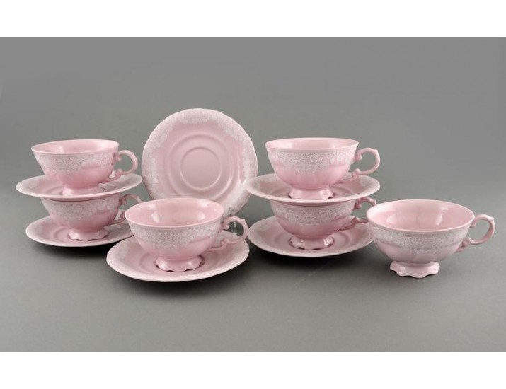 Набор чайных пар Leander розовый фарфор белый узор 07260425-3001