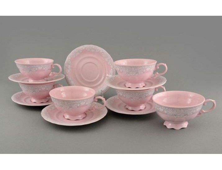 Набор чайных пар 6шт 200мл Leander Соната Розовый фарфор, серый узор 07260425-3002