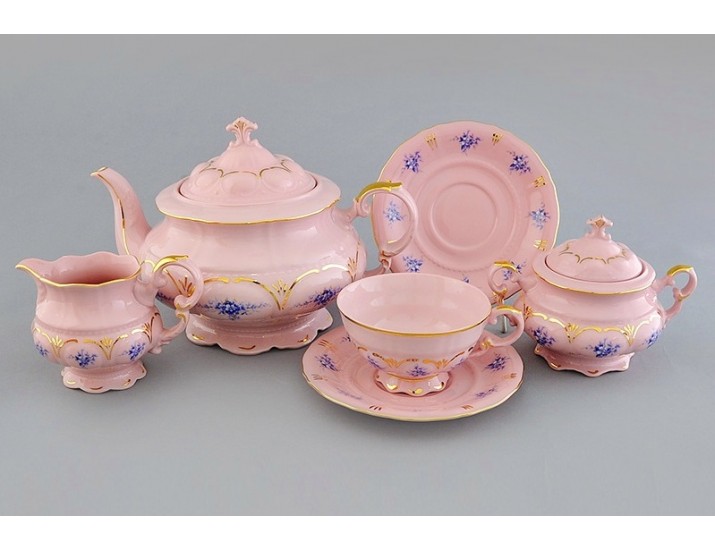 Сервиз чайный 15 предметов 6 персон Leander Соната Голубые цветы розовый фарфор декор 009 07260725-0009