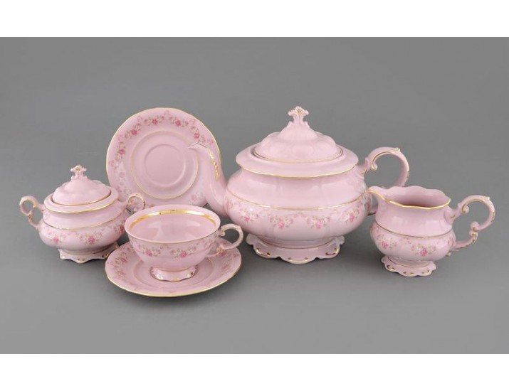 Сервиз чайный 15 предметов 6 персон Leander Соната Мелкие цветы декор 0158 розовый фарфор