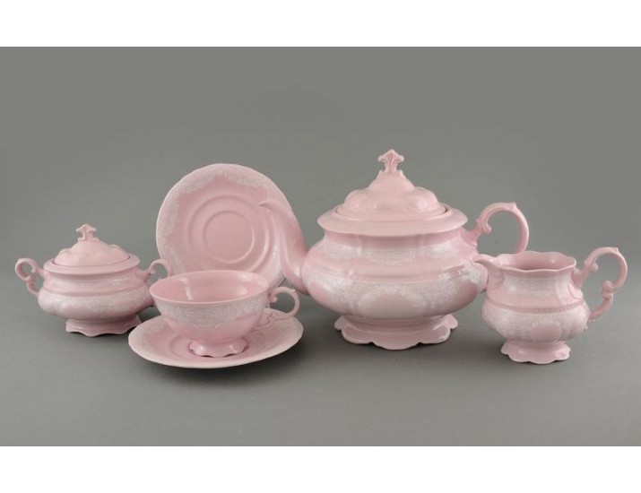 Сервиз чайный 27 предметов 12 персон Leander Соната Розовый фарфор декор 30031 Белый узор