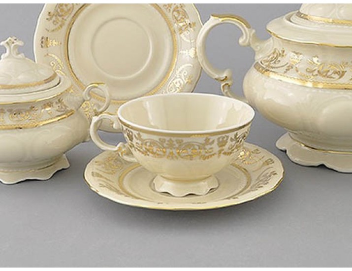 Набор чайных пар на 6 персон 12 предметов 0,2л Leander Соната Золотой орнамент декор 1373 слоновая кость 07560425-1373
