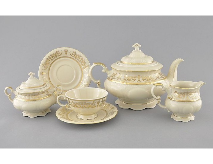 Сервиз чайный 15 предметов 6 персон Leander Соната Золотой орнамент декор 1373 слоновая кость 07560725-1373