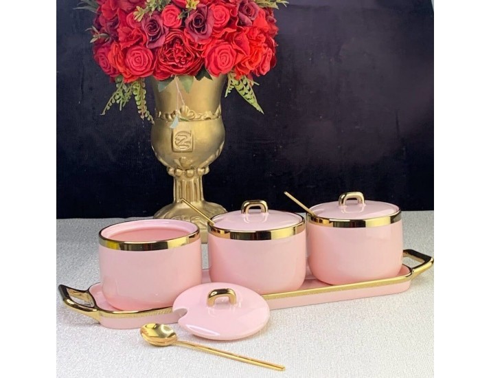 Набор из 3 банок 260 мл с ложками на подставке Lenardi 106-183 розовый