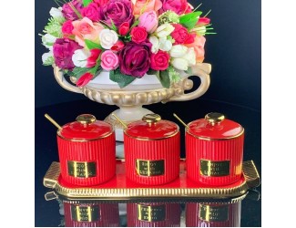 Набор из 3 банок 260 мл с ложками на подставке Lenardi 106-217 красный