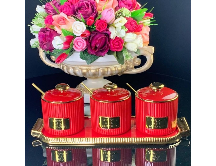 Набор из 3 банок 260 мл с ложками на подставке Lenardi 106-217 красный