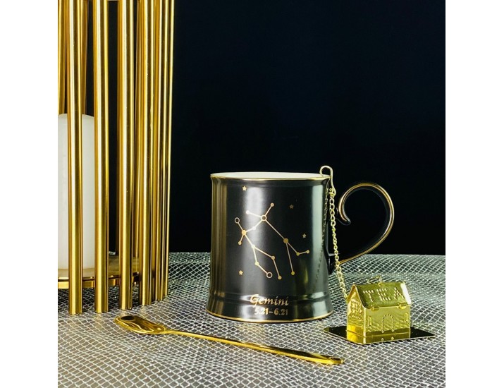 Кружка 360мл с ложкой и фильтром Lenardi 106-292 чёрная Близнецы