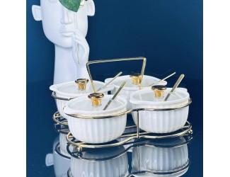 Набор из 4 баночек 150 мл для специй с ложками на подставке Lenardi 106-317 белый