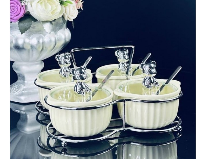 Набор из 4 баночек 150 мл для специй с ложками на подставке Lenardi 106-324 жёлтый