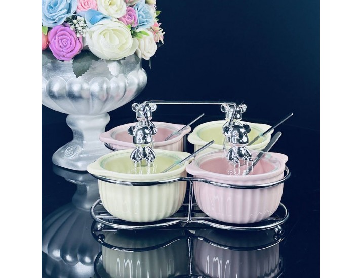 Набор из 4 баночек 150 мл для специй с ложками на подставке Lenardi 106-317