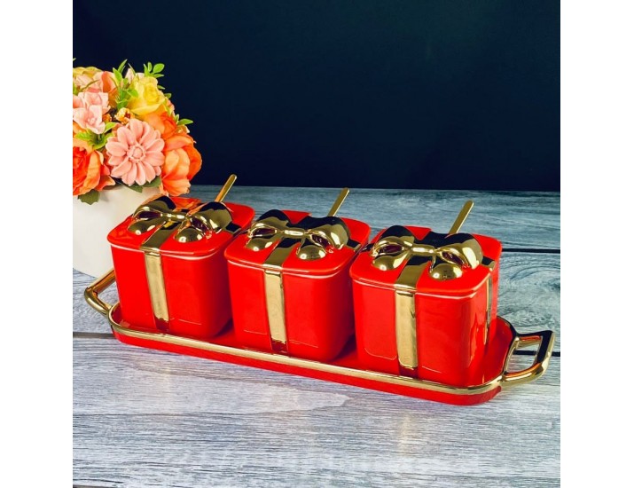 Набор из 3 баночек 350 мл с ложками на подставке Lenardi 106-338 красный