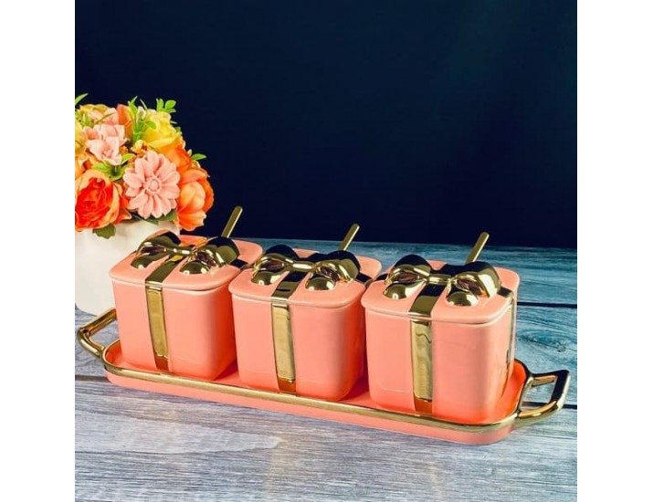 Набор из 3 баночек 350 мл с ложками на подставке Lenardi 106-339 розовый