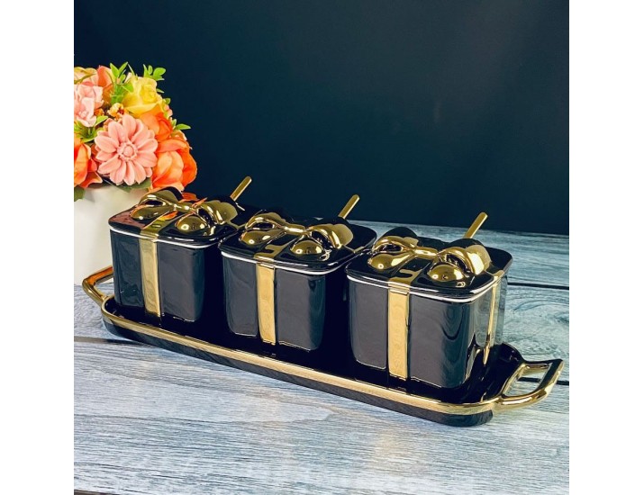 Набор из 3 баночек 350 мл с ложками на подставке Lenardi 106-340 чёрный