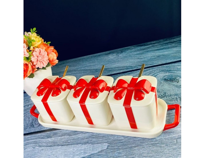 Набор из 3 баночек 350 мл с ложками на подставке Lenardi 106-342 белый с красным