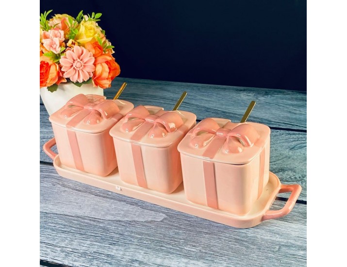 Набор из 3 баночек 350 мл с ложками на подставке Lenardi 106-343 розовый