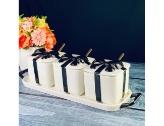 Набор из 3 баночек 350 мл с ложками на подставке Lenardi 106-344 белый с чёрным