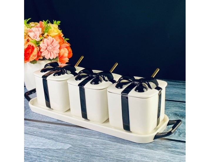 Набор из 3 баночек 350 мл с ложками на подставке Lenardi 106-344 белый с чёрным