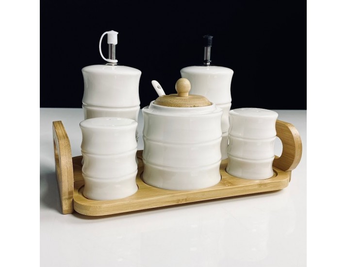 Набор для специй с сахарницей и бутылки для масла/уксуса 5пр. на под-ке Lenardi Bamboo 140-162