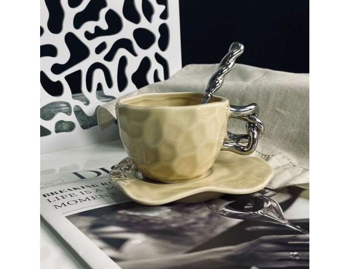 Чашка 280мл с блюдцем и ложкой Lenardi 163-077 бежевая