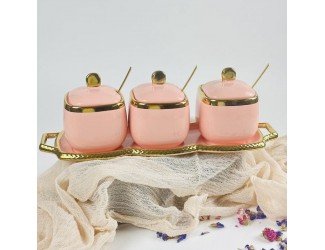 Набор из 3 баночек 350 мл с ложками на подставке Lenardi 164-012 розовый