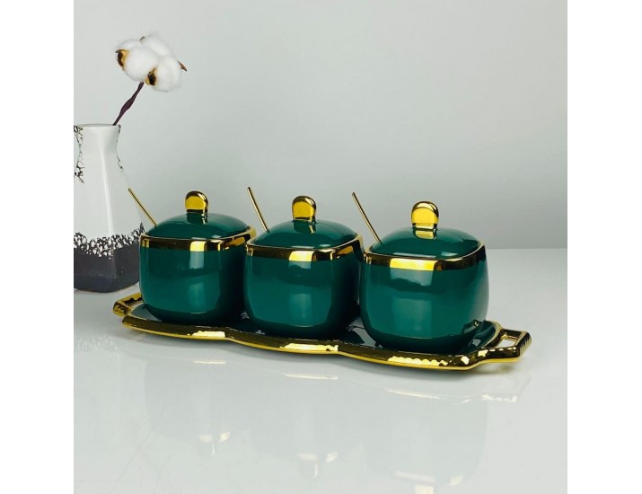Набор из 3 баночек 350 мл с ложками на подставке Lenardi 164-013 изумрудный